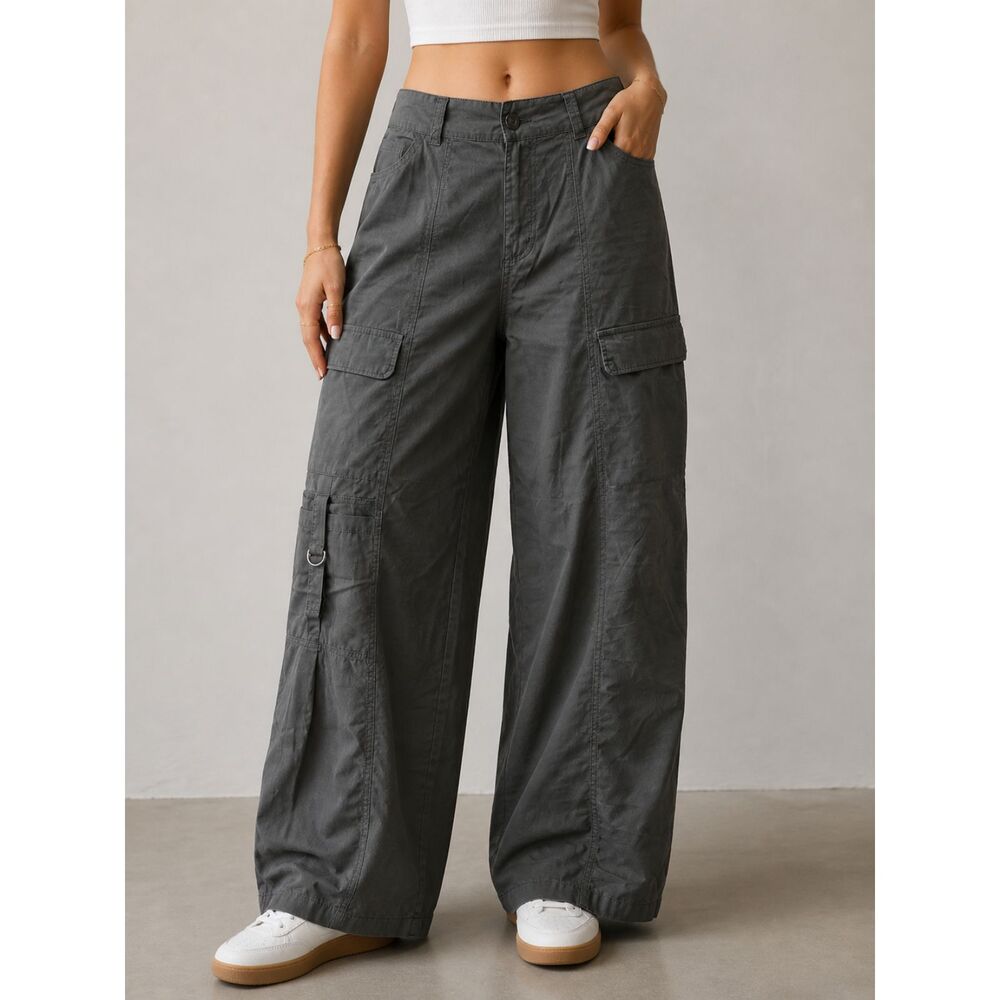 Happily Grey Cargo Pants Grey Small Wide Leg Utility Pocket Pants Urban Edgy